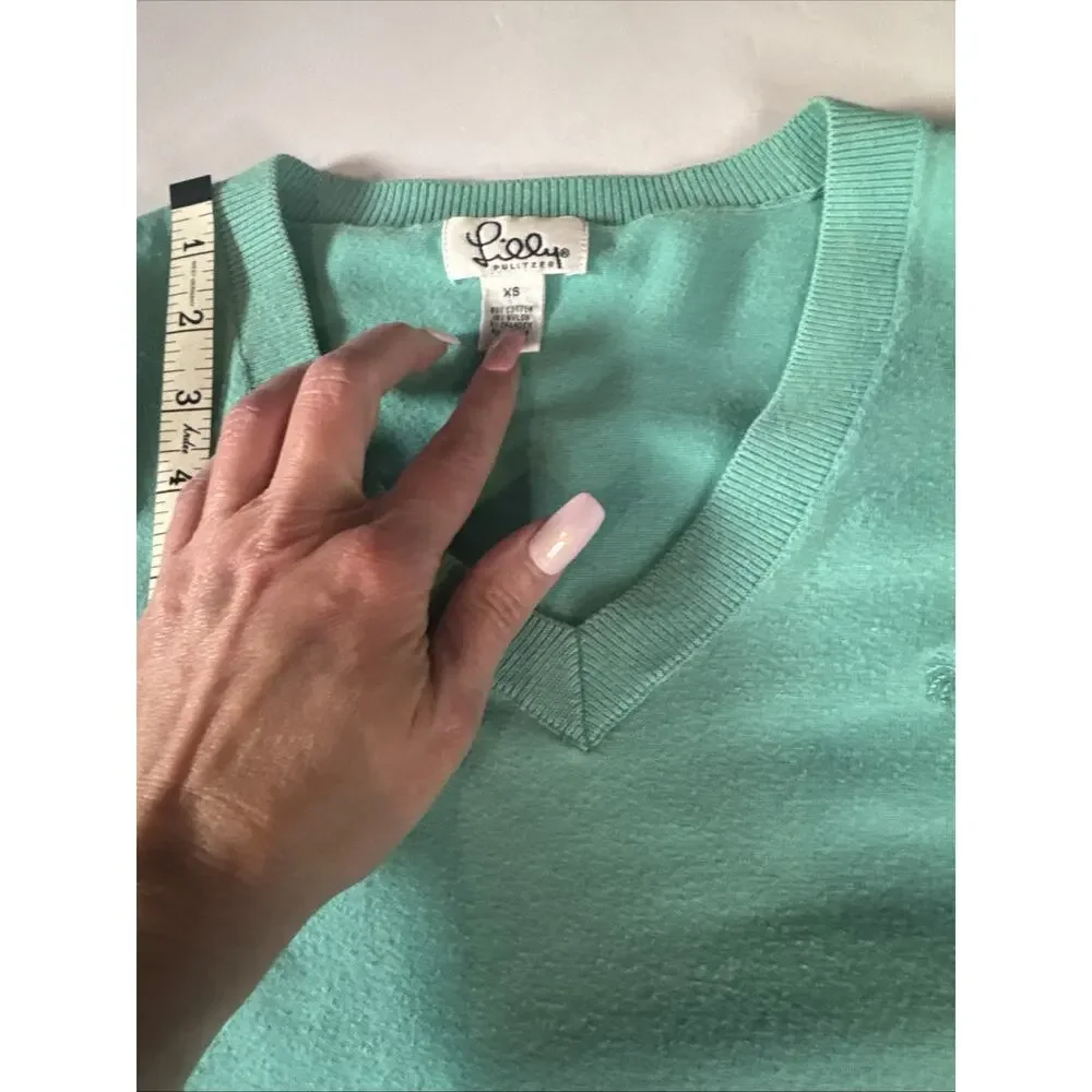 Vintage Lilly Pulitzer Solid Green V-Neck Pullover Sweater‎ Palm Tree Logo Sz XS